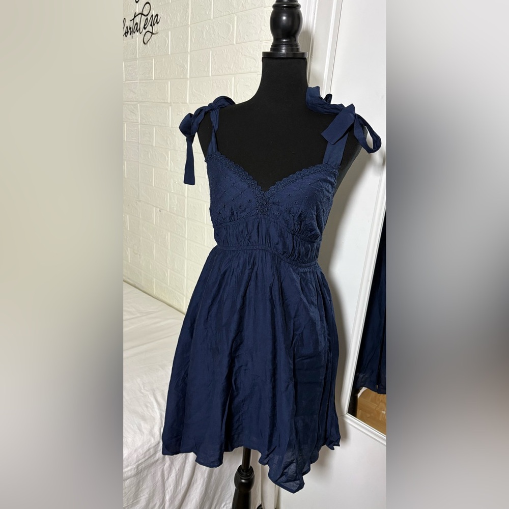 Bohemian Navy Blue Mini Dress with Lace and Ties - New Size S - Picture 4 of 9